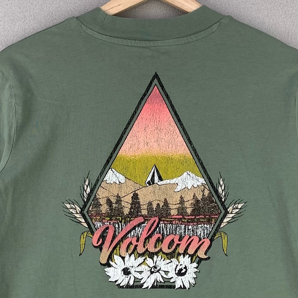 Volcom Graphic T-Shirt Women M Green Organic Cotton Crewneck Pocket Tee